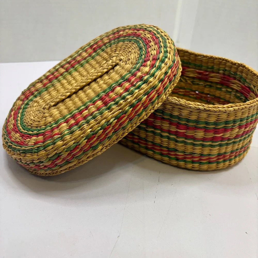 Two Vtg Hand Woven Basket Set Round Multicolored Splint and Oval Lidded Seagrass